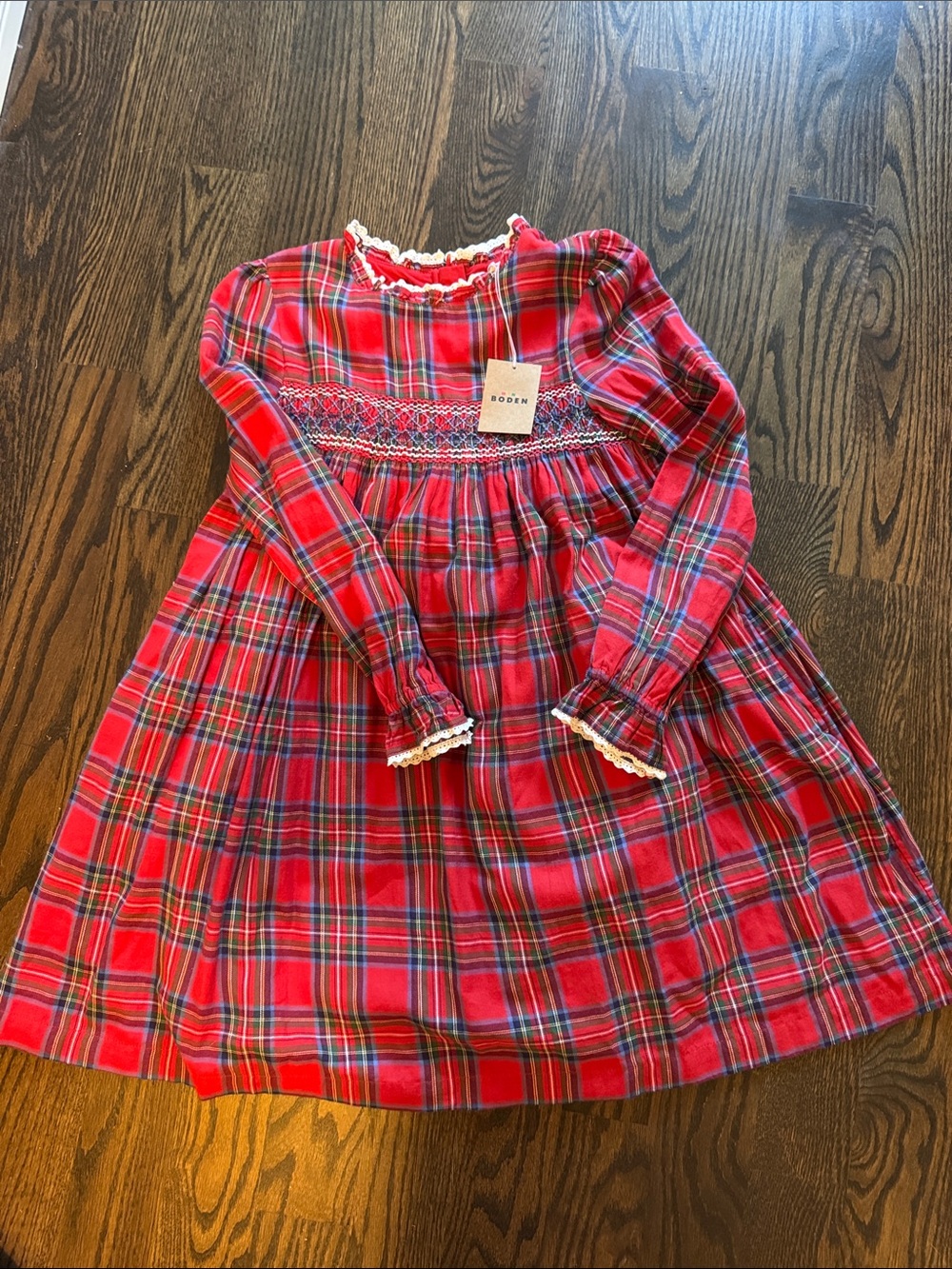 Boden Red Plaid Smocked Long-Sleeve Dress with Lace Trim